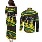 Panthers Rugby Mascot Couples Matching Puletasi and Long Sleeve Button Shirt Fierce Athlete Graphic in Sports Style