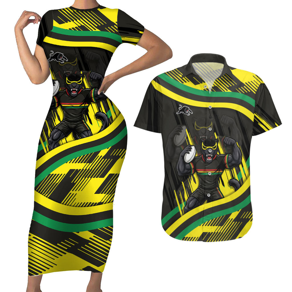 Panthers Rugby Mascot Couples Matching Short Sleeve Bodycon Dress and Hawaiian Shirt Fierce Athlete Graphic in Sports Style