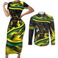 Panthers Rugby Mascot Couples Matching Short Sleeve Bodycon Dress and Long Sleeve Button Shirt Fierce Athlete Graphic in Sports Style