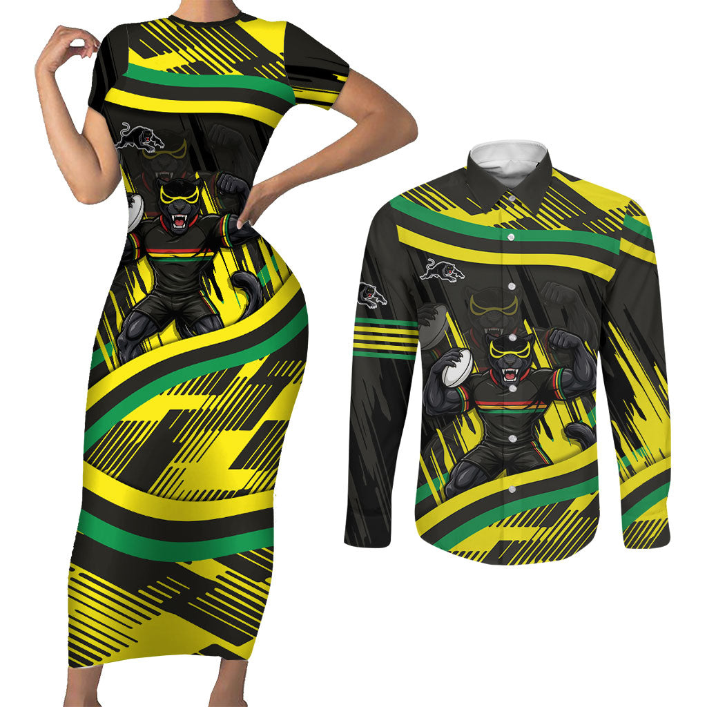 Panthers Rugby Mascot Couples Matching Short Sleeve Bodycon Dress and Long Sleeve Button Shirt Fierce Athlete Graphic in Sports Style