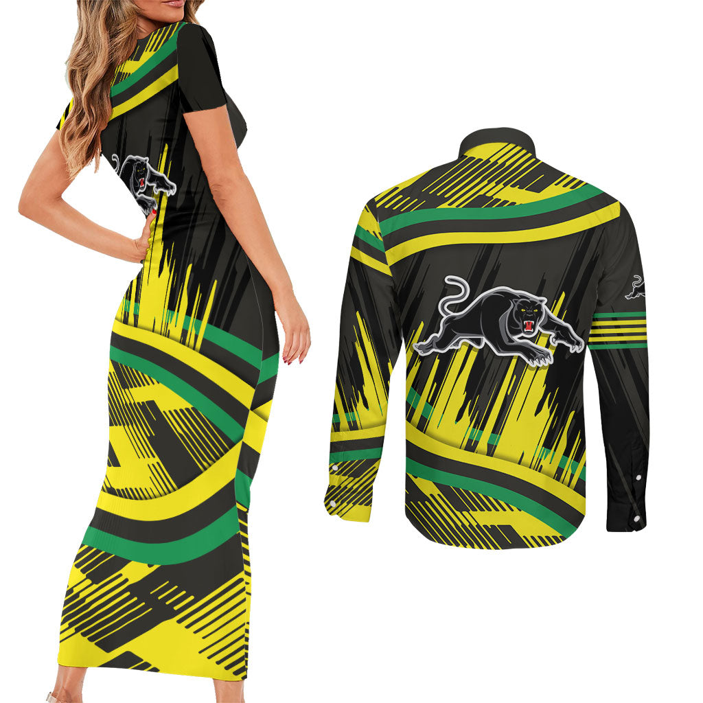 Panthers Rugby Mascot Couples Matching Short Sleeve Bodycon Dress and Long Sleeve Button Shirt Fierce Athlete Graphic in Sports Style