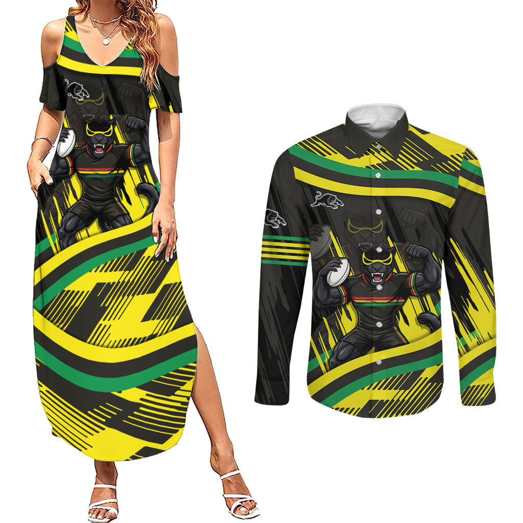 Panthers Rugby Mascot Couples Matching Summer Maxi Dress and Long Sleeve Button Shirt Fierce Athlete Graphic in Sports Style