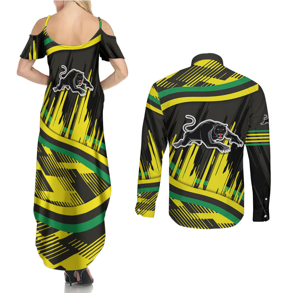 Panthers Rugby Mascot Couples Matching Summer Maxi Dress and Long Sleeve Button Shirt Fierce Athlete Graphic in Sports Style