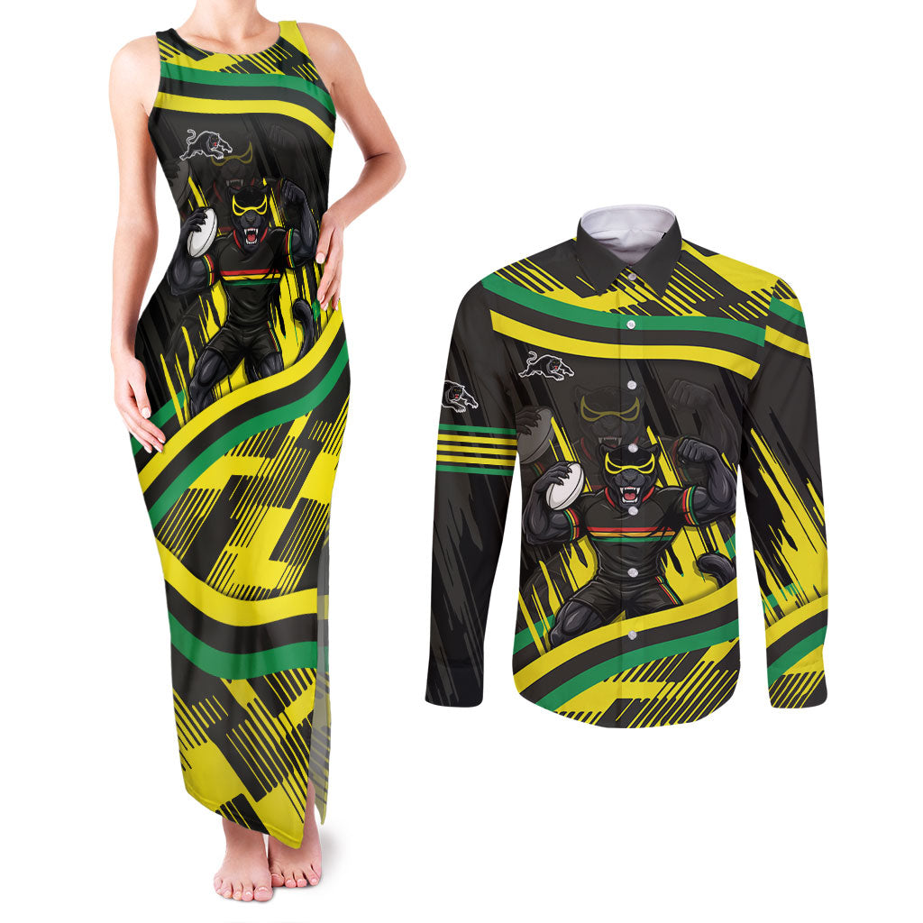 Panthers Rugby Mascot Couples Matching Tank Maxi Dress and Long Sleeve Button Shirt Fierce Athlete Graphic in Sports Style