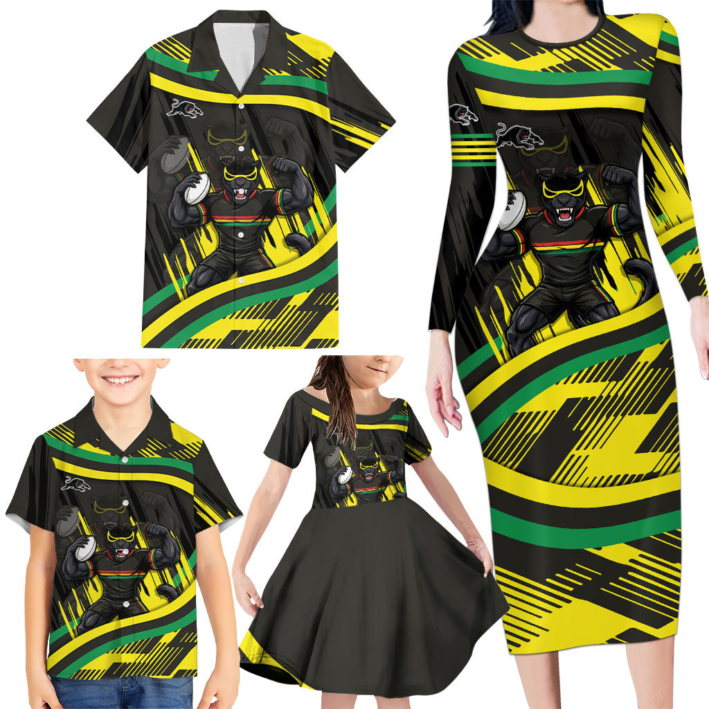 Panthers Rugby Mascot Family Matching Long Sleeve Bodycon Dress and Hawaiian Shirt Fierce Athlete Graphic in Sports Style