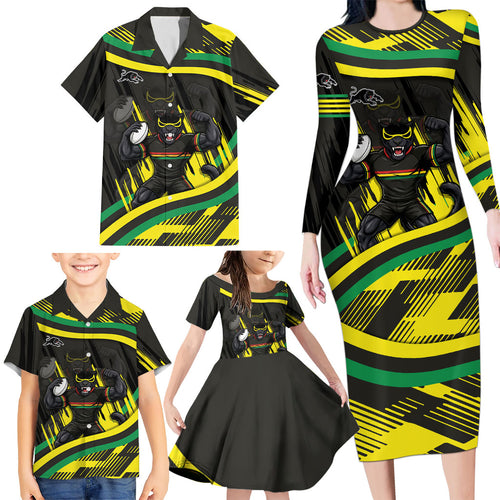 Panthers Rugby Mascot Family Matching Long Sleeve Bodycon Dress and Hawaiian Shirt Fierce Athlete Graphic in Sports Style