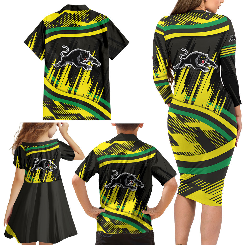Panthers Rugby Mascot Family Matching Long Sleeve Bodycon Dress and Hawaiian Shirt Fierce Athlete Graphic in Sports Style