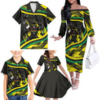 Panthers Rugby Mascot Family Matching Off The Shoulder Long Sleeve Dress and Hawaiian Shirt Fierce Athlete Graphic in Sports Style