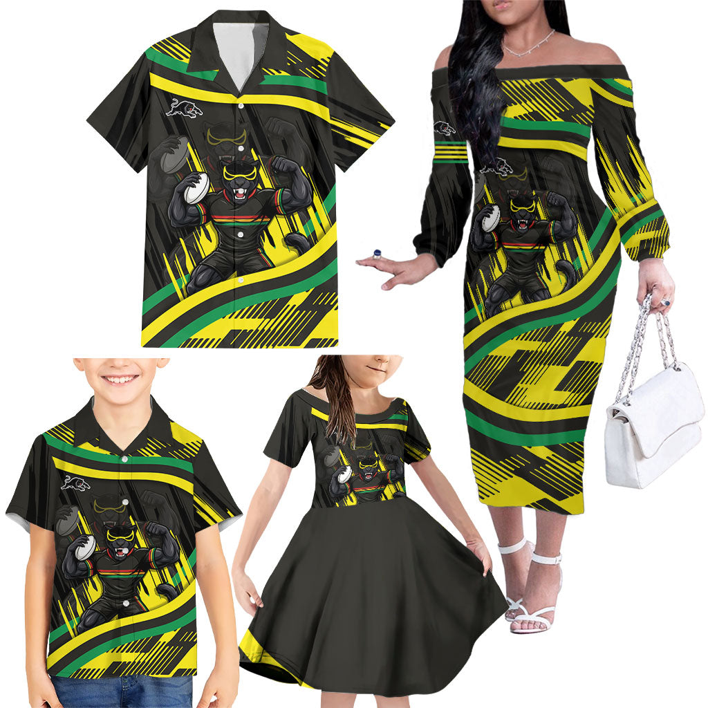 Panthers Rugby Mascot Family Matching Off The Shoulder Long Sleeve Dress and Hawaiian Shirt Fierce Athlete Graphic in Sports Style