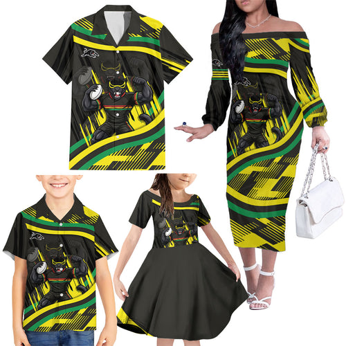 Panthers Rugby Mascot Family Matching Off The Shoulder Long Sleeve Dress and Hawaiian Shirt Fierce Athlete Graphic in Sports Style