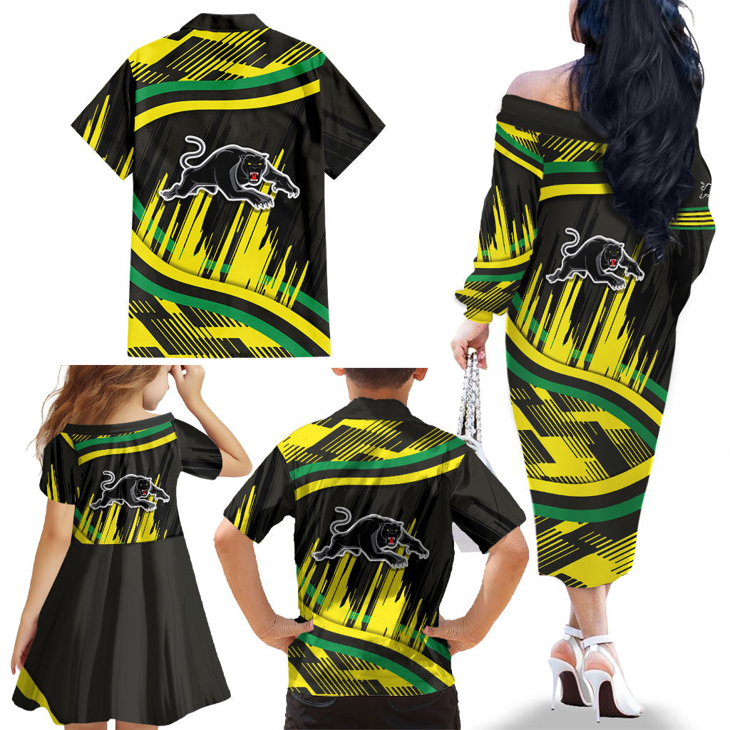 Panthers Rugby Mascot Family Matching Off The Shoulder Long Sleeve Dress and Hawaiian Shirt Fierce Athlete Graphic in Sports Style