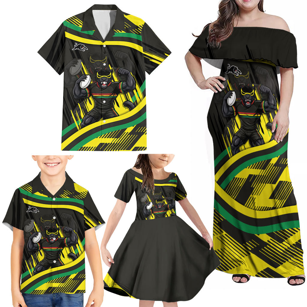 Panthers Rugby Mascot Family Matching Off Shoulder Maxi Dress and Hawaiian Shirt Fierce Athlete Graphic in Sports Style