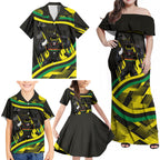 Panthers Rugby Mascot Family Matching Off Shoulder Maxi Dress and Hawaiian Shirt Fierce Athlete Graphic in Sports Style