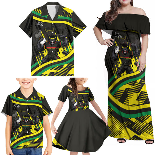 Panthers Rugby Mascot Family Matching Off Shoulder Maxi Dress and Hawaiian Shirt Fierce Athlete Graphic in Sports Style