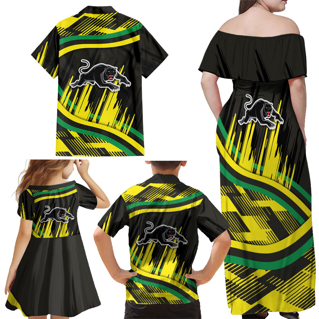 Panthers Rugby Mascot Family Matching Off Shoulder Maxi Dress and Hawaiian Shirt Fierce Athlete Graphic in Sports Style