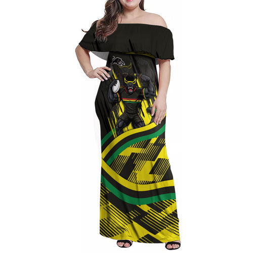 Panthers Rugby Mascot Family Matching Off Shoulder Maxi Dress and Hawaiian Shirt Fierce Athlete Graphic in Sports Style