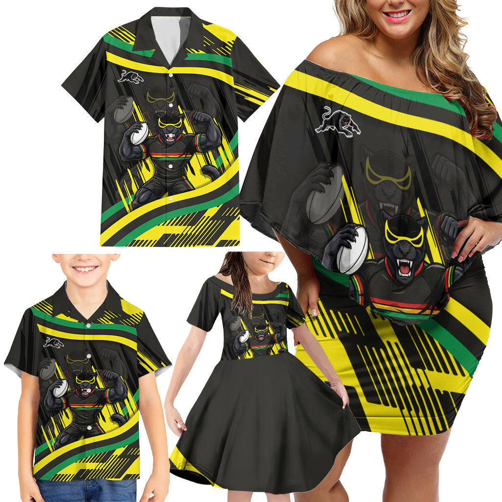 Panthers Rugby Mascot Family Matching Off Shoulder Short Dress and Hawaiian Shirt Fierce Athlete Graphic in Sports Style