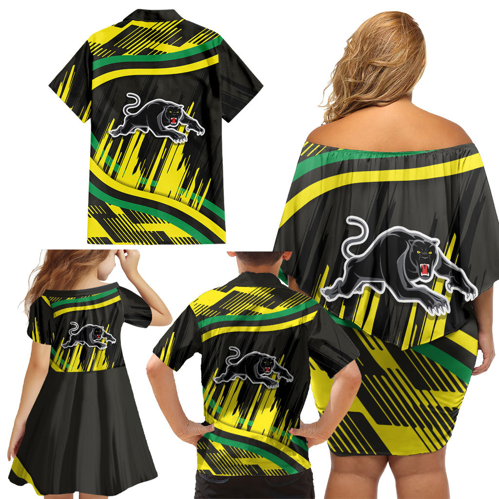 Panthers Rugby Mascot Family Matching Off Shoulder Short Dress and Hawaiian Shirt Fierce Athlete Graphic in Sports Style