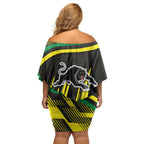 Panthers Rugby Mascot Family Matching Off Shoulder Short Dress and Hawaiian Shirt Fierce Athlete Graphic in Sports Style