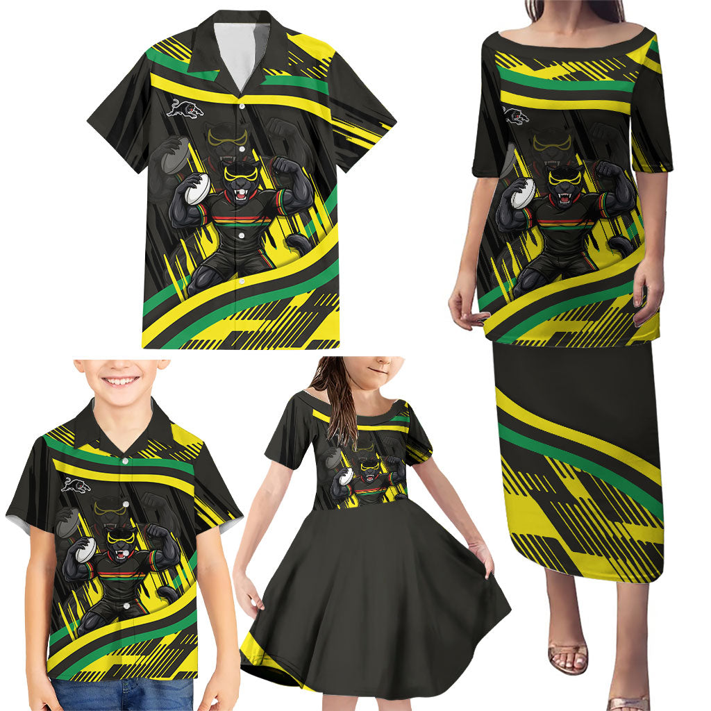 Panthers Rugby Mascot Family Matching Puletasi and Hawaiian Shirt Fierce Athlete Graphic in Sports Style