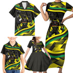 Panthers Rugby Mascot Family Matching Short Sleeve Bodycon Dress and Hawaiian Shirt Fierce Athlete Graphic in Sports Style