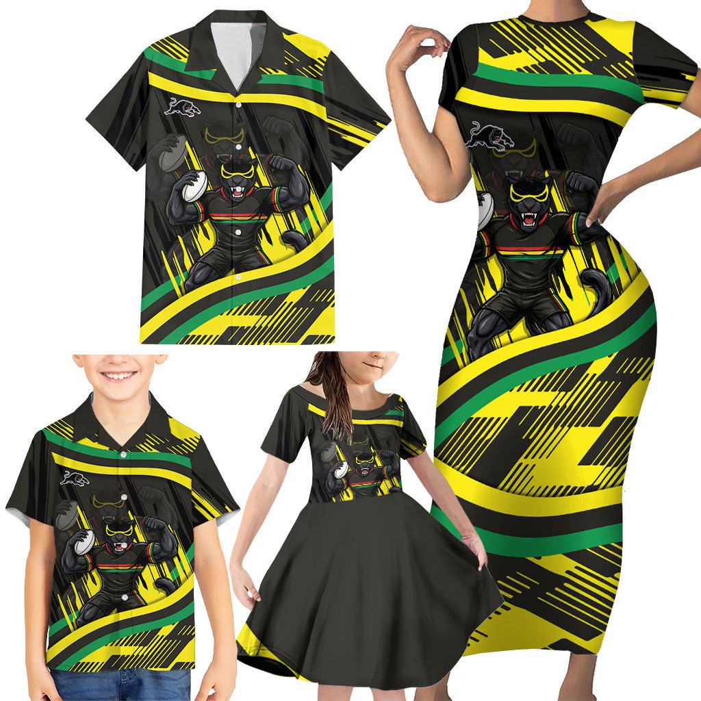 Panthers Rugby Mascot Family Matching Short Sleeve Bodycon Dress and Hawaiian Shirt Fierce Athlete Graphic in Sports Style