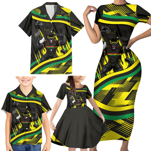 Panthers Rugby Mascot Family Matching Short Sleeve Bodycon Dress and Hawaiian Shirt Fierce Athlete Graphic in Sports Style