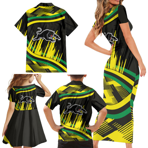 Panthers Rugby Mascot Family Matching Short Sleeve Bodycon Dress and Hawaiian Shirt Fierce Athlete Graphic in Sports Style
