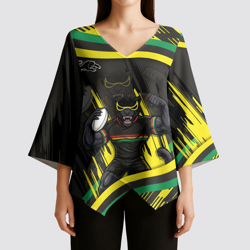 Panthers Rugby Mascot Kimono Sleeve Blouse Fierce Athlete Graphic in Sports Style