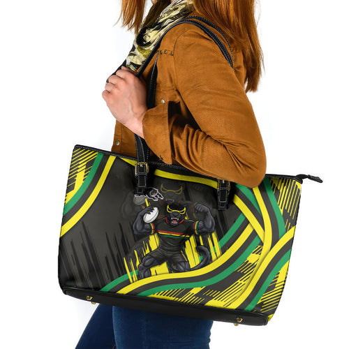 Panthers Rugby Mascot Leather Tote Bag Fierce Athlete Graphic in Sports Style