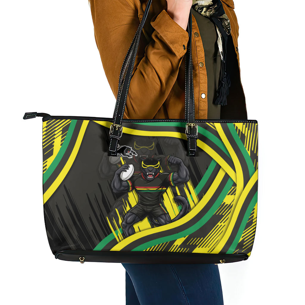 Panthers Rugby Mascot Leather Tote Bag Fierce Athlete Graphic in Sports Style