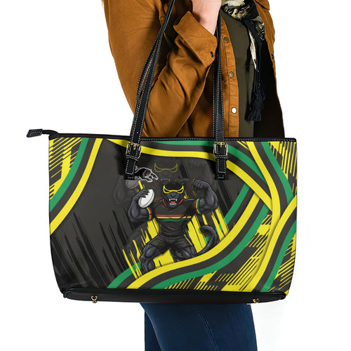 Panthers Rugby Mascot Leather Tote Bag Fierce Athlete Graphic in Sports Style