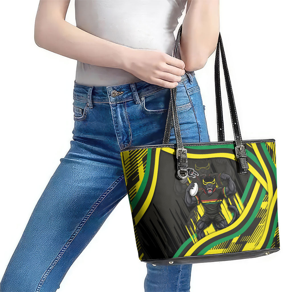 Panthers Rugby Mascot Leather Tote Bag Fierce Athlete Graphic in Sports Style