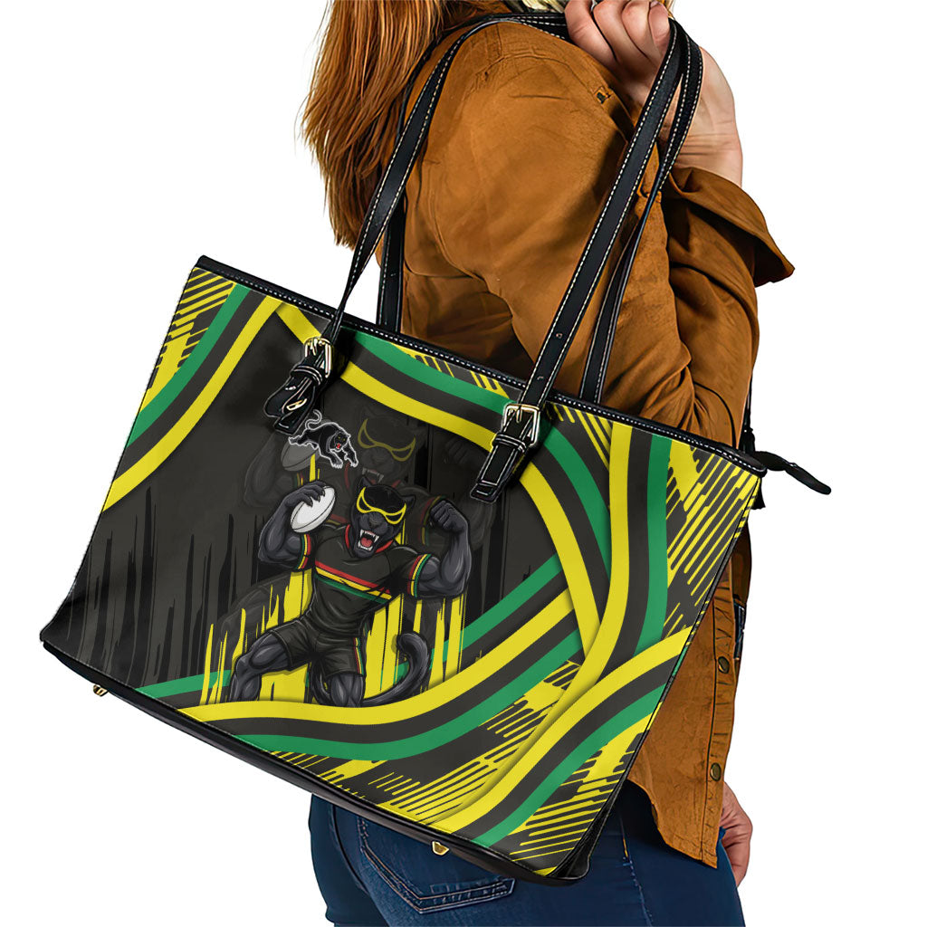 Panthers Rugby Mascot Leather Tote Bag Fierce Athlete Graphic in Sports Style