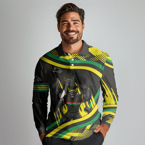 Panthers Rugby Mascot Long Sleeve Polo Shirt Fierce Athlete Graphic in Sports Style