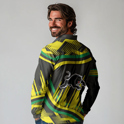 Panthers Rugby Mascot Long Sleeve Polo Shirt Fierce Athlete Graphic in Sports Style