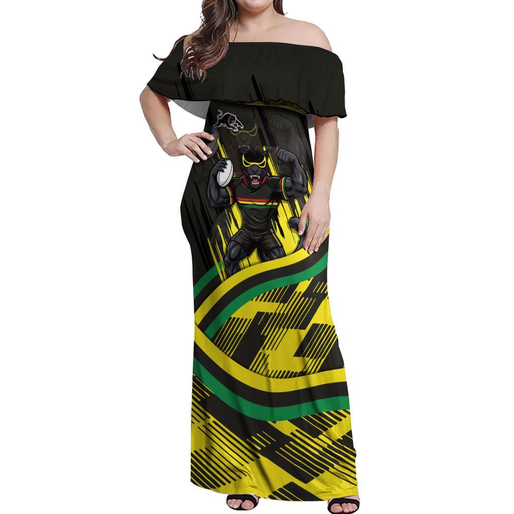 Panthers Rugby Mascot Off Shoulder Maxi Dress Fierce Athlete Graphic in Sports Style
