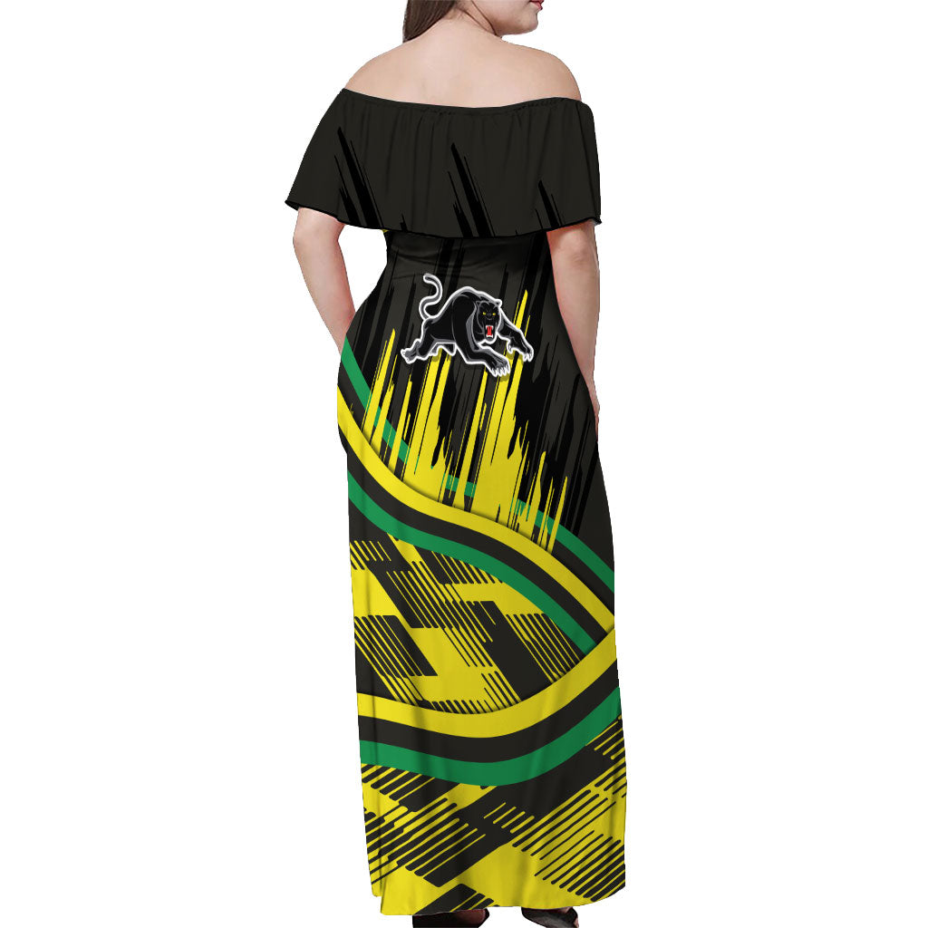 Panthers Rugby Mascot Off Shoulder Maxi Dress Fierce Athlete Graphic in Sports Style