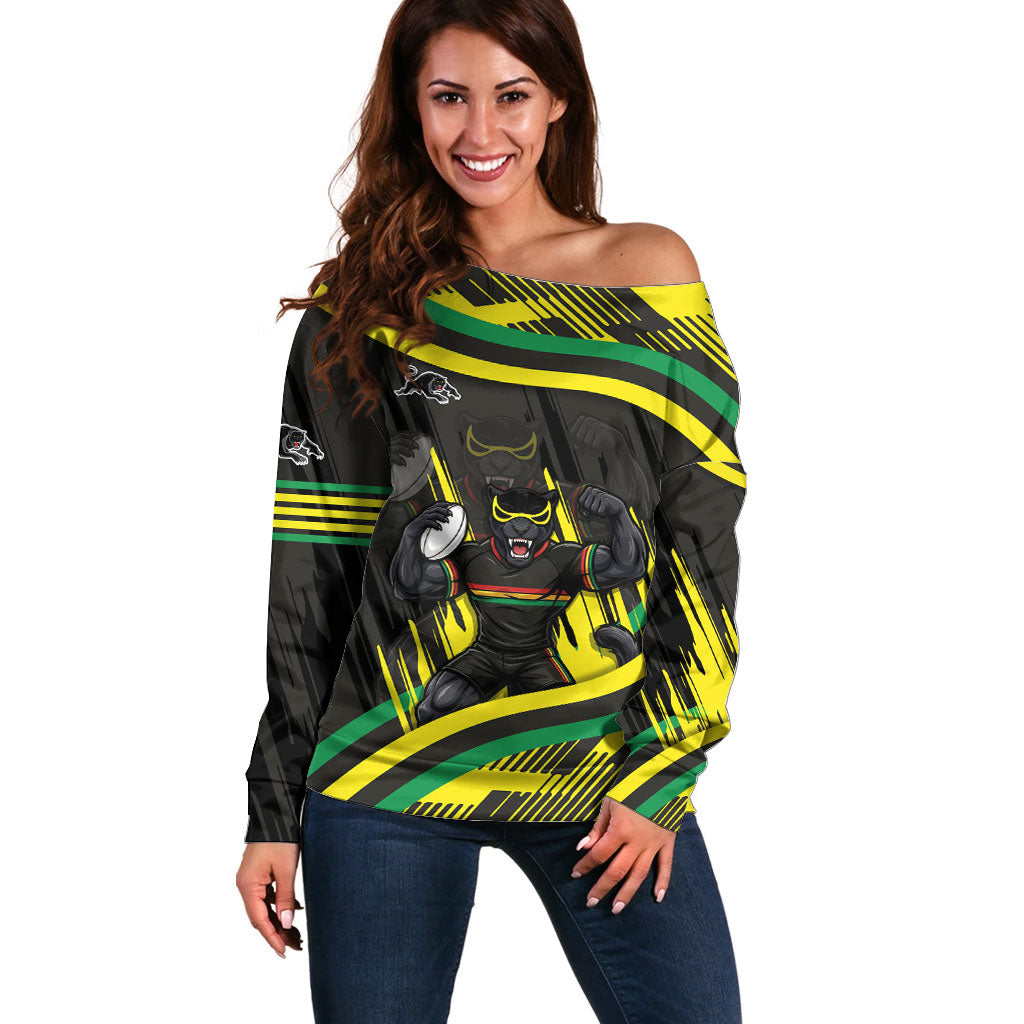 Panthers Rugby Mascot Off Shoulder Sweater Fierce Athlete Graphic in Sports Style