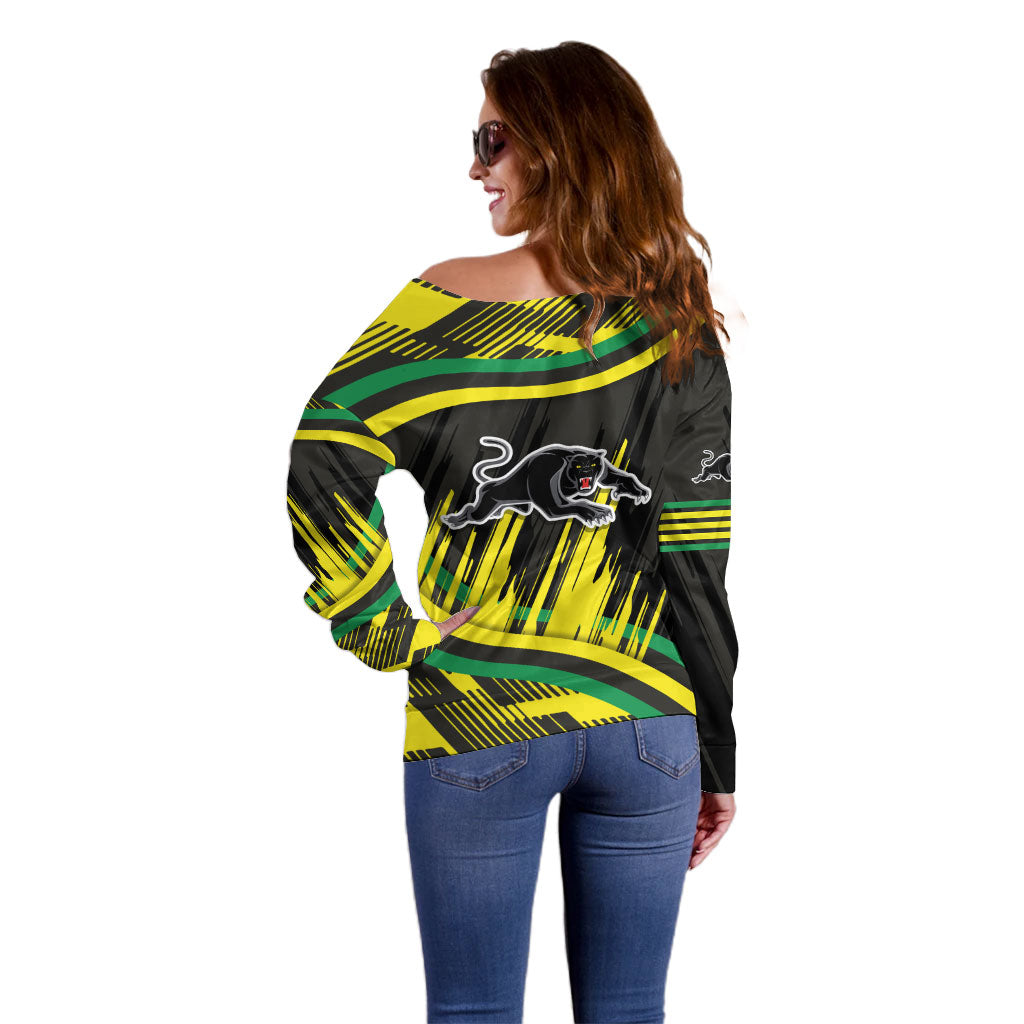 Panthers Rugby Mascot Off Shoulder Sweater Fierce Athlete Graphic in Sports Style