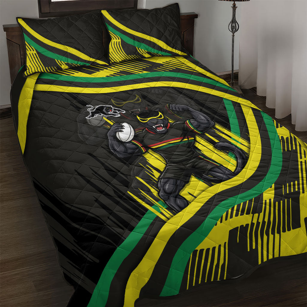 Panthers Rugby Mascot Quilt Bed Set Fierce Athlete Graphic in Sports Style