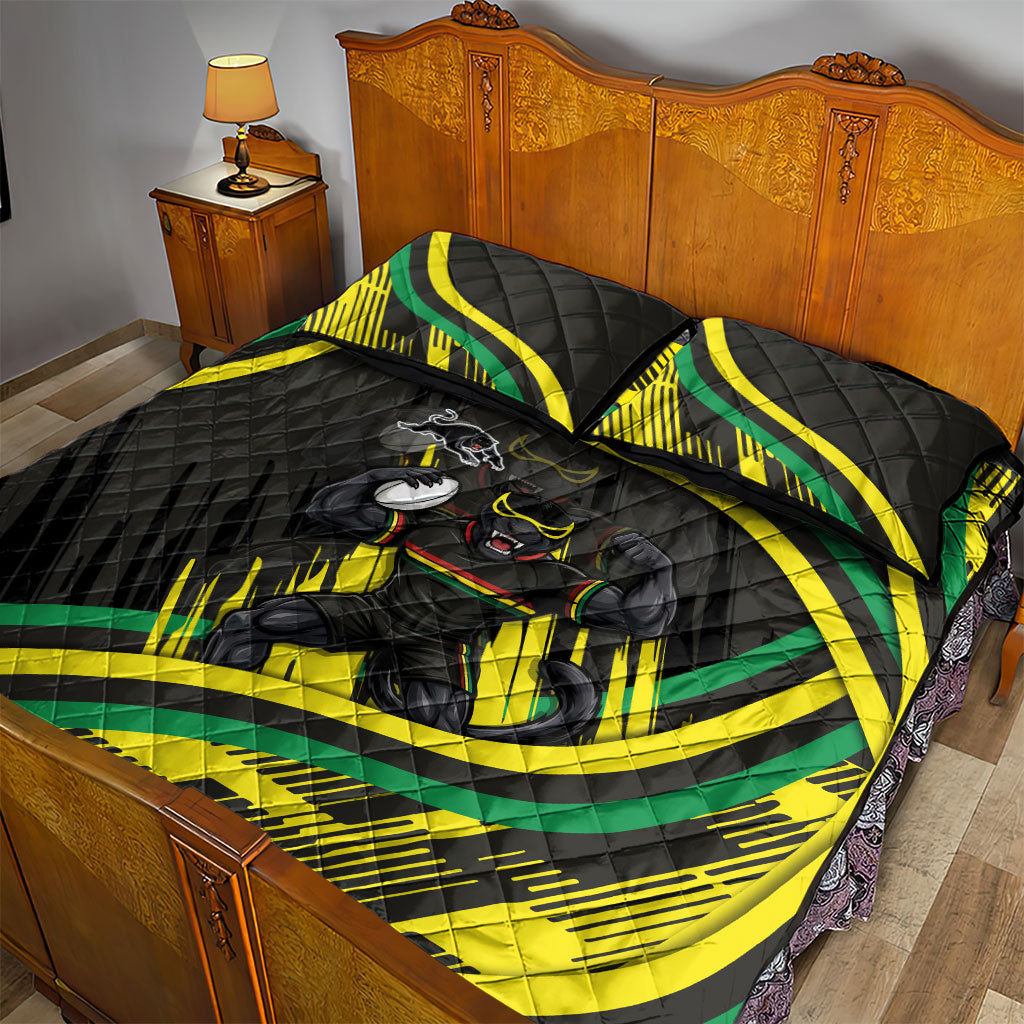 Panthers Rugby Mascot Quilt Bed Set Fierce Athlete Graphic in Sports Style