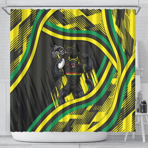 Panthers Rugby Mascot Shower Curtain Fierce Athlete Graphic in Sports Style
