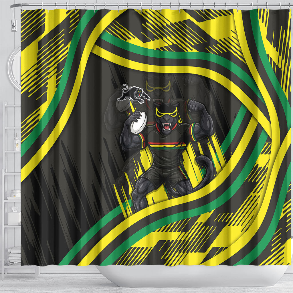 Panthers Rugby Mascot Shower Curtain Fierce Athlete Graphic in Sports Style