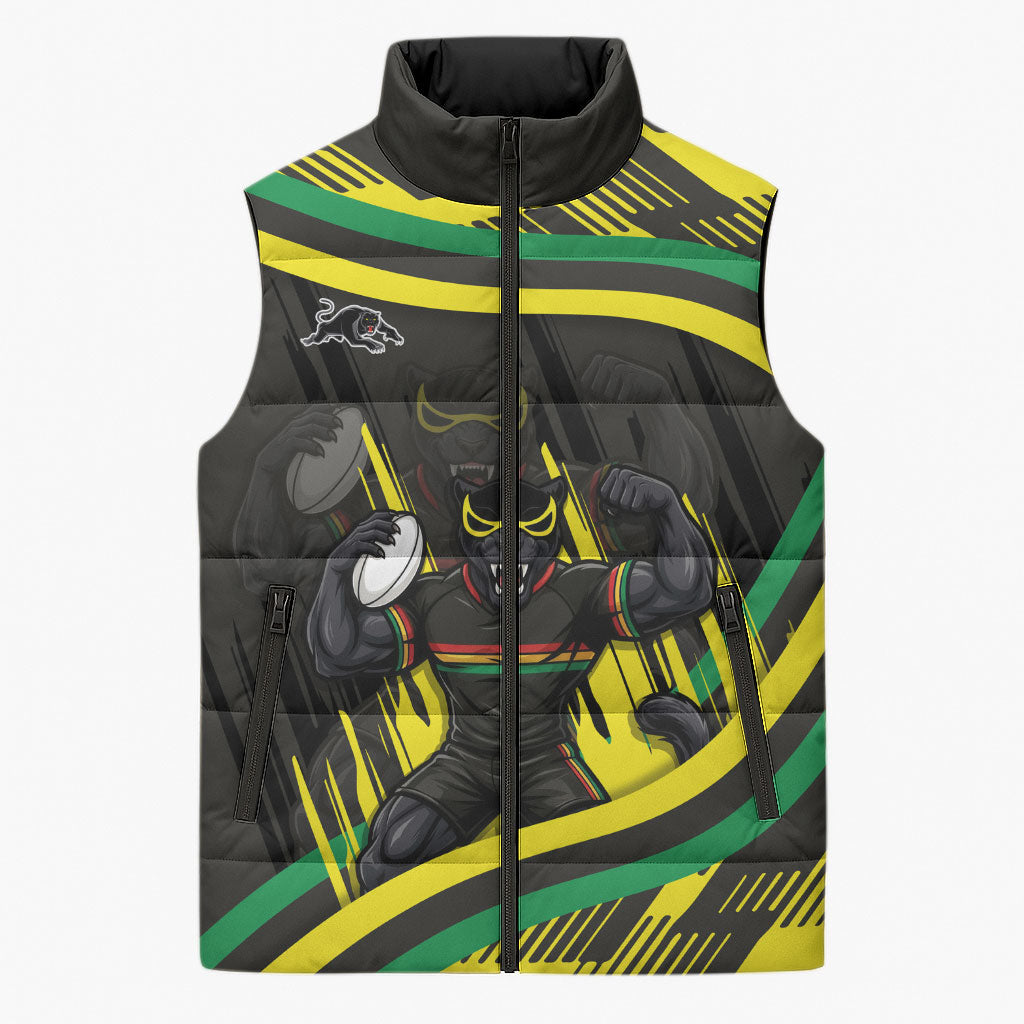 Panthers Rugby Mascot Sleeveless Puffer Jacket Fierce Athlete Graphic in Sports Style
