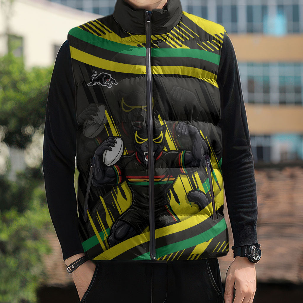 Panthers Rugby Mascot Sleeveless Puffer Jacket Fierce Athlete Graphic in Sports Style