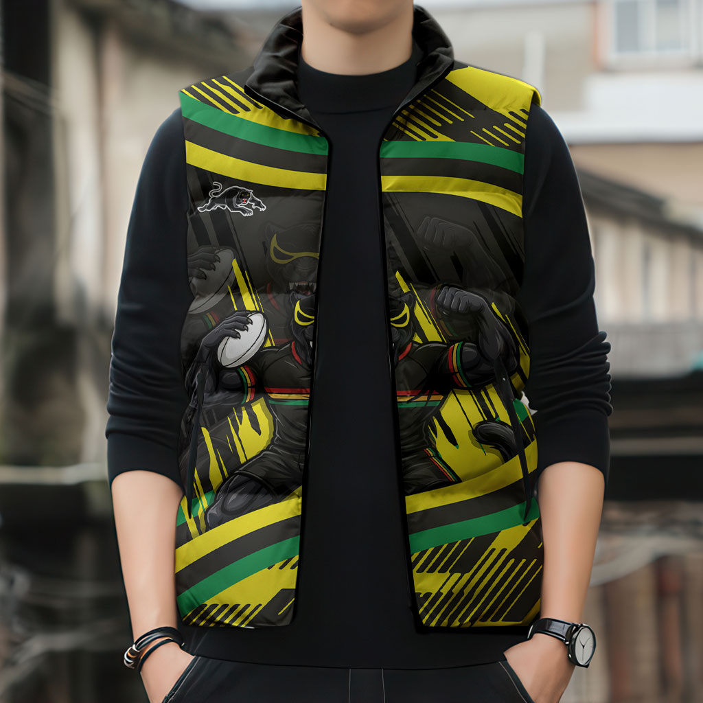 Panthers Rugby Mascot Sleeveless Puffer Jacket Fierce Athlete Graphic in Sports Style