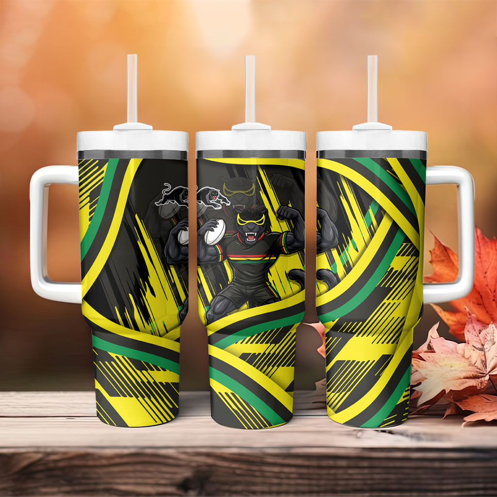 Panthers Rugby Mascot Tumbler With Handle Fierce Athlete Graphic in Sports Style