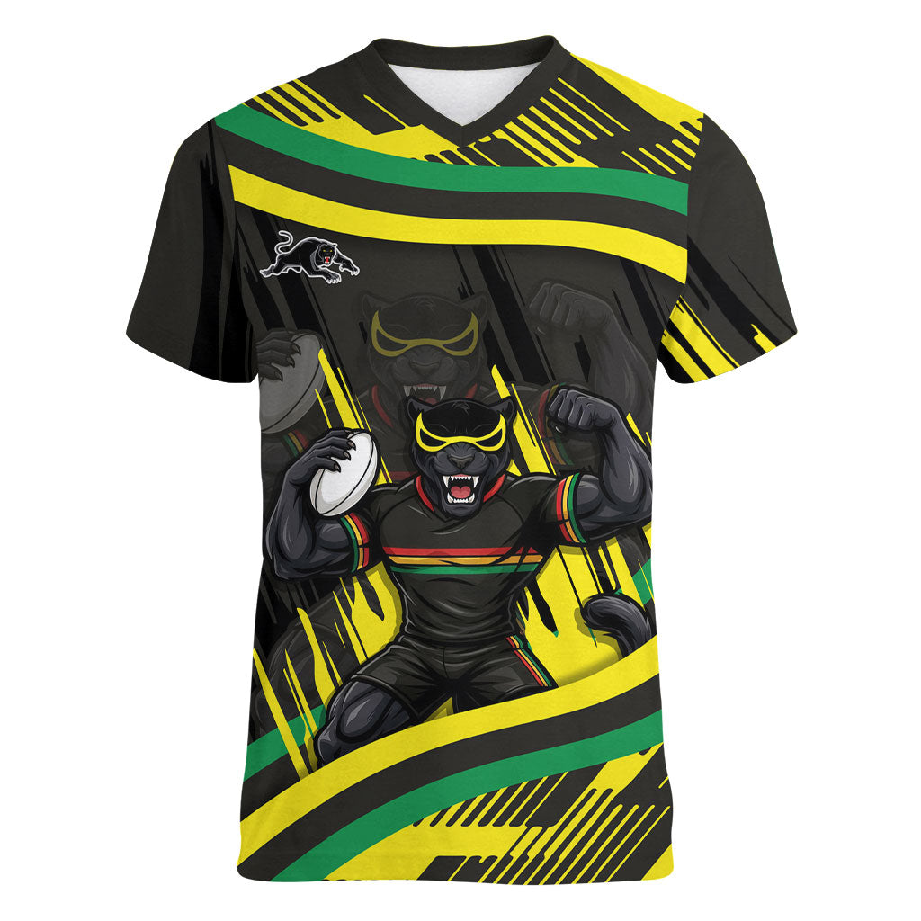 Panthers Rugby Mascot Women V-Neck T-Shirt Fierce Athlete Graphic in Sports Style