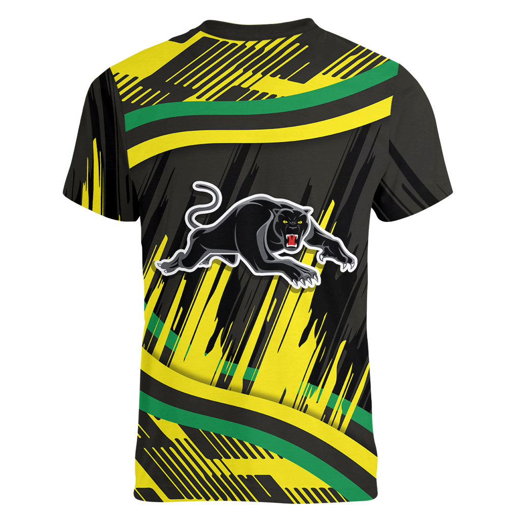Panthers Rugby Mascot Women V-Neck T-Shirt Fierce Athlete Graphic in Sports Style